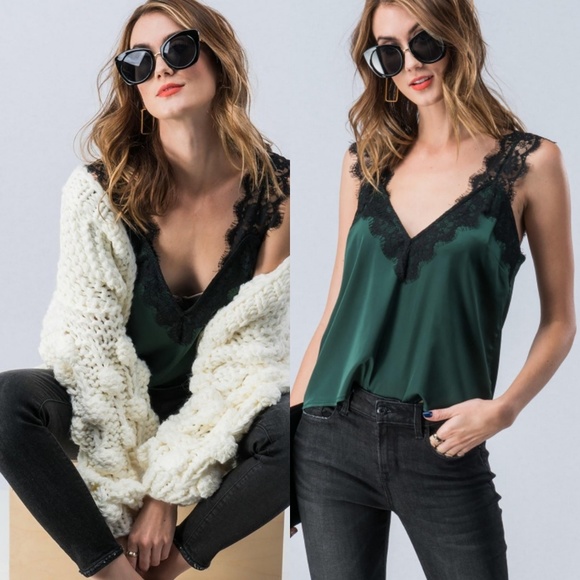 LAST 1! Hunter green eyelash satin cami - Picture 6 of 8